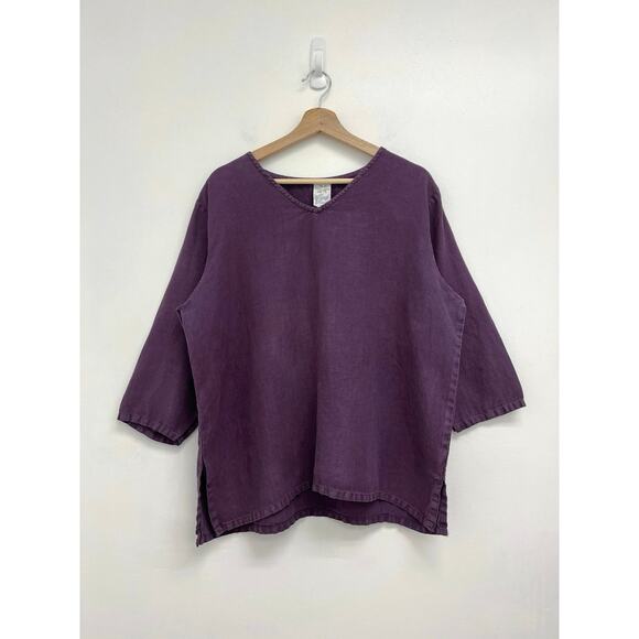 Match Point 100% Linen Oversized Lagenlook V-Neck Artsy Natural Top - Large - Picture 5 of 5